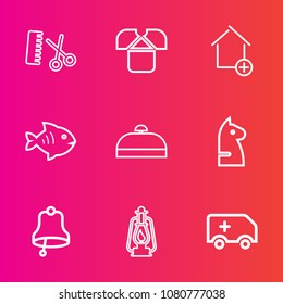 Premium set with outline vector icons. Such as property, shirt, hairstyle, fish, professional, travel, chess, bag, food, ambulance, tshirt, ring, house, style, bell, salon, new, sea, white, rescue