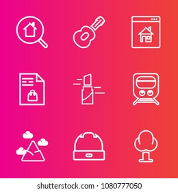 Premium set with outline vector icons. Such as transport, transportation, list, computer, travel, paper, fashion, train, music, musical, technology, tree, nature, home, cap, mountain, beauty, railway
