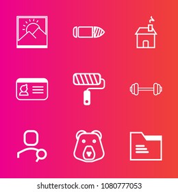 Premium set with outline vector icons. Such as search, roll, gun, wild, identification, folder, paint, steel, fitness, document, army, id, sport, animal, picture, name, exercise, building, photo, bear