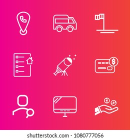 Premium set with outline vector icons. Such as left, beach, computer, credit, arrow, sky, telescope, car, direction, search, transportation, coin, account, bank, finance, star, contract, money, phone