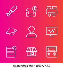 Premium set with outline vector icons. Such as business, war, medical, real, space, medicine, house, weapon, destruction, profile, home, attack, furniture, planet, document, modern, explosion, nuclear
