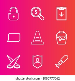 Premium set with outline vector icons. Such as backdrop, website, technology, shield, safety, security, bucket, download, clean, search, key, up, business, find, weapon, safe, unlock, background, talk