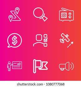 Premium set with outline vector icons. Such as wave, price, flag, task, frame, look, airplane, flight, tag, circle, magnifier, technology, label, businessman, national, find, magnifying, route, gps