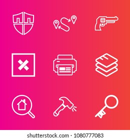 Premium set with outline vector icons. Such as business, data, home, closed, house, information, pistol, destination, gun, protect, door, point, online, firearm, place, war, protection, guard, estate