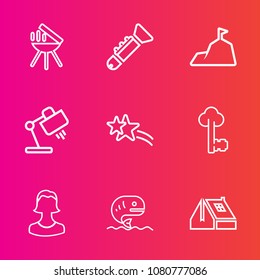 Premium set with outline vector icons. Such as grilled, window, shiny, landscape, grill, business, lamp, hot, vintage, metal, lock, house, blue, fish, sky, home, grilling, construction, fire, profile