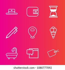Premium set with outline vector icons. Such as minute, education, pay, pen, web, hour, object, sign, bathroom, tag, hand, wallet, payment, cash, message, clock, time, modern, map, business, purse, cap