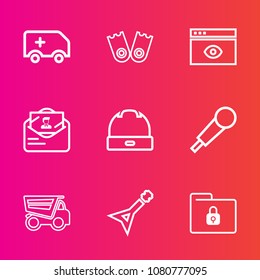 Premium set with outline vector icons. Such as tipper, internet, envelope, dump, folder, dumper, transportation, sport, underwater, care, sea, car, vehicle, rescue, transport, computer, medical, lock