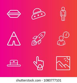 Premium set with outline vector icons. Such as clock, head, work, landscape, fiction, finger, index, camp, shuttle, male, hour, spacecraft, photo, sign, outdoor, rocket, sandwich, technology, space