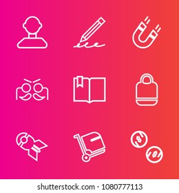 Premium set with outline vector icons. Such as war, airport, nuclear, business, leather, celebration, party, pencil, internet, education, social, carnival, book, open, fashion, luggage, cash, school