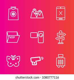 Premium set with outline vector icons. Such as city, cord, gift, cancel, fly, wing, military, bag, arrow, map, buy, direction, insect, tripod, sale, travel, blank, airport, business, folder, pin, gun
