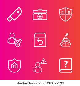 Premium set with outline vector icons. Such as first, sign, guard, cut, order, return, network, tool, house, graphic, alarm, emergency, protection, shield, business, online, home, shipping, box, old, 