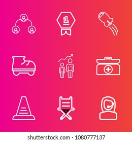Premium set with outline vector icons. Such as leisure, box, roller, ladder, furniture, office, center, competition, achievement, personal, craft, win, company, cross, aid, development, team, kit, fun