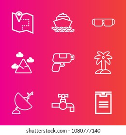 Premium set with outline vector icons. Such as antenna, technology, city, dish, travel, delivery, satellite, faucet, water, vessel, gps, boat, gun, glasses, palm, style, map, package, leaf, game, sea