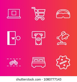 Premium set with outline vector icons. Such as bank, lamp, internet, sale, discount, market, bedroom, atm, cart, bed, finance, bicycle, sign, refreshment, interior, profile, door, cycle, trolley, mask
