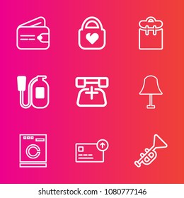 Premium set with outline vector icons. Such as finance, communication, people, cash, pay, bugle, style, telephone, leather, bag, trumpet, dollar, fire, lamp, emergency, business, phone, safety, modern