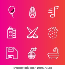 Premium set with outline vector icons. Such as travel, holiday, explosion, power, technology, space, bathroom, light, balloon, scene, lantern, planet, building, backdrop, music, kerosene, real, estate