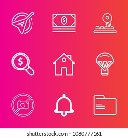 Premium set with outline vector icons. Such as property, parachuting, music, money, technology, file, sound, alarm, musical, office, extreme, finance, jump, estate, instrument, sign, cash, bell, alert