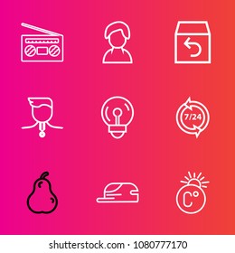 Premium set with outline vector icons. Such as food, box, shipping, cap, organic, audio, volume, order, thermometer, winner, electricity, operator, energy, support, fresh, service, internet, bulb, hat