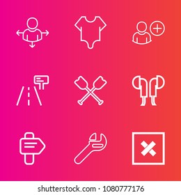 Premium set with outline vector icons. Such as street, traffic, canoe, person, water, fashion, closed, consultant, beautiful, map, social, cute, highway, user, add, paddle, boat, bodysuit, model, oar
