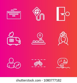 Premium set with outline vector icons. Such as childhood, kid, summer, nurse, fly, antenna, account, business, safety, white, pc, work, joy, food, laptop, escape, computer, bike, van, button, digital