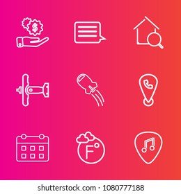 Premium set with outline vector icons. Such as musical, phone, mobile, temperature, schedule, day, home, dollar, fahrenheit, sign, scale, location, money, guitar, finance, estate, military, financial
