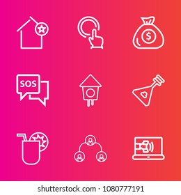 Premium set with outline vector icons. Such as press, birdhouse, hand, favorite, structure, banking, musical, folk, danger, online, glass, drink, safety, money, cash, instrument, communication, web