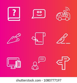 Premium set with outline vector icons. Such as vehicle, list, technology, unknown, old, graphic, writer, clinic, calligraphy, happy, road, shovel, way, direction, credit, face, vintage, sign, paper