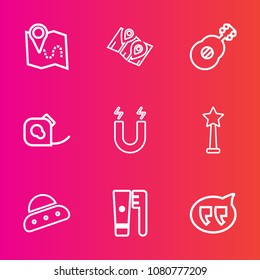 Premium set with outline vector icons. Such as success, pole, friction, white, insulating, speech, science, musical, concert, brush, work, chat, travel, field, rock, hygiene, magnet, map, spaceship