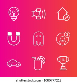 Premium set with outline vector icons. Such as cocktail, halloween, fear, taxi, finance, home, transportation, account, science, horror, money, field, mobile, light, scary, vehicle, telephone, ghost