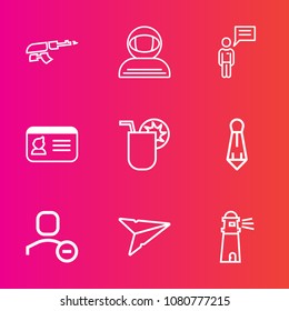 Premium set with outline vector icons. Such as document, account, space, army, spaceman, user, message, cocktail, send, machine, astronaut, spacesuit, person, water, war, chat, cosmos, juice, light