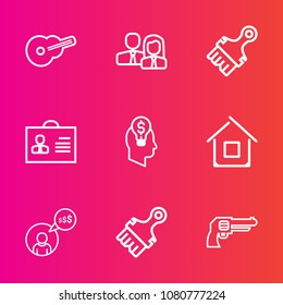 Premium set with outline vector icons. Such as worker, internet, sound, group, paint, pistol, home, paintbrush, human, white, brush, architecture, musical, work, music, female, freelancer, woman, gun