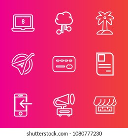 Premium set with outline vector icons. Such as card, balance, id, gramophone, white, credit, transfer, personal, technology, phone, plant, palm, vintage, pc, money, identity, natural, communication