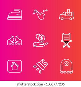 Premium set with outline vector icons. Such as home, projection, truck, sound, housework, domestic, musical, iron, lorry, trumpet, festival, investment, clothes, finance, laundry, bugle, dollar, chair