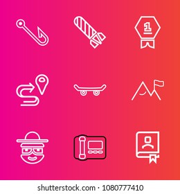Premium set with outline vector icons. Such as bait, road, business, office, cloud, character, fish, flame, award, cartoon, phone, address, burn, bomb, location, stationary, explosive, extreme, map