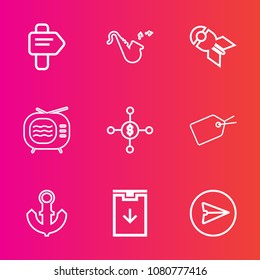 Premium set with outline vector icons. Such as web, message, boat, nuclear, email, bugle, orchestra, explosive, television, attack, military, technology, ship, dollar, sign, investment, antenna, music