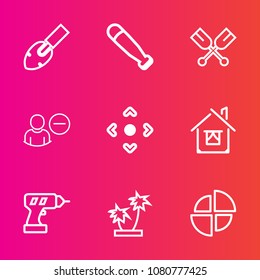 Premium set with outline vector icons. Such as drill, recreation, screwdriver, equipment, water, wood, chart, ball, architecture, tree, graph, canoe, tropical, home, web, building, bat, palm, house