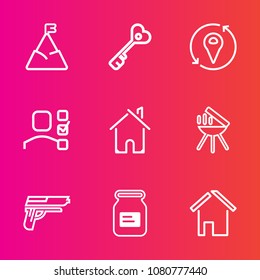 Premium set with outline vector icons. Such as peak, task, bbq, top, handgun, pistol, sky, unlock, white, metal, hill, blue, summer, personal, building, chain, tin, security, landscape, grill, gun