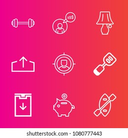 Premium set with outline vector icons. Such as investment, boat, spatula, coin, table, laptop, fit, office, exercise, switch, computer, download, freelancer, paddle, workout, fitness, freelance, gym