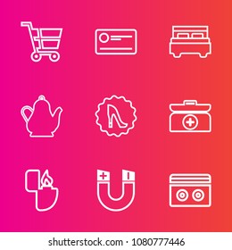 Premium set with outline vector icons. Such as kit, money, tea, market, cash, hot, finance, store, emergency, magnetic, music, cross, aid, stereo, pole, cigarette, bed, bedroom, cart, trolley, kitchen