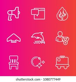 Premium set with outline vector icons. Such as room, interior, landscape, star, tree, speech, luggage, audio, airport, jump, home, business, parachuting, sky, chat, animal, bubble, loud, sound, night