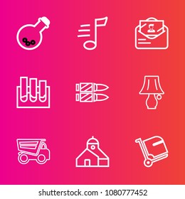 Premium set with outline vector icons. Such as medicine, song, dumper, vehicle, switch, equipment, table, baggage, business, luggage, laboratory, travel, lamp, analysis, envelope, bulb, building, lab