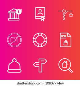 Premium set with outline vector icons. Such as forbidden, construction, concept, real, office, search, pool, financial, banking, saw, phone, finance, hammer, cap, water, money, cash, drill, online