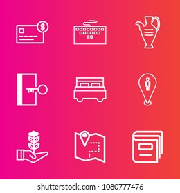 Premium set with outline vector icons. Such as map, seedling, digital, decorative, computer, library, payment, door, pc, work, interior, account, finance, vase, life, location, business, bank, road