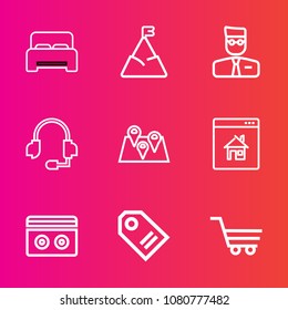 Premium set with outline vector icons. Such as landscape, road, technology, nature, sale, estate, user, tape, house, profile, price, real, travel, bedroom, tag, map, property, cart, microphone, web