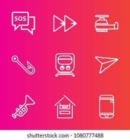 Premium set with outline vector icons. Such as send, music, sign, email, button, transportation, bugle, mobile, hook, message, sound, player, rod, cell, play, jazz, food, train, supermarket, transport