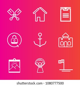 Premium set with outline vector icons. Such as frame, picture, ocean, hot, balloon, security, river, house, rudder, lock, paddle, open, unlock, canoe, blank, architecture, helm, real, estate, beach