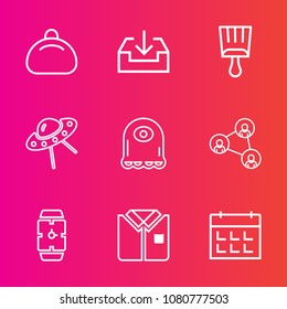 Premium set with outline vector icons. Such as brush, screen, accessory, element, cartoon, web, style, paint, modern, alien, background, object, hand, watch, button, spaceship, paintbrush, day, travel