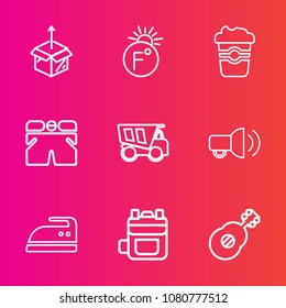 Premium set with outline vector icons. Such as cardboard, dumper, shorts, fahrenheit, iron, cup, package, house, coffee, weather, ironing, box, leather, modern, drink, temperature, truck, housework