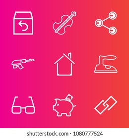 Premium set with outline vector icons. Such as eye, web, social, music, army, instrument, home, musical, hyperlink, return, clothes, share, package, order, delivery, building, shipment, weapon, string