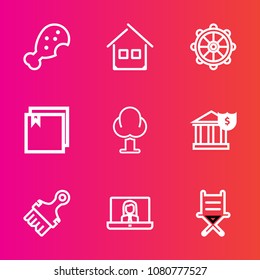 Premium set with outline vector icons. Such as wheel, architecture, brush, money, fried, chair, leg, furniture, technology, video, meat, fast, chicken, finance, helm, environment, ship, house, banking